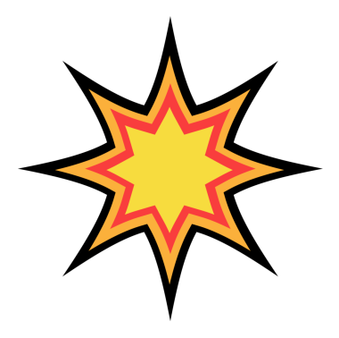 Vektör düz yıldız patlaması, kırmızı çizgiler ve siyah hatları gösteren şeffaf bir arkaplanda yüzüyor. Grafik tasarımı, dijital illüstrasyon, pop sanatı, vektör sanatı, ikonografi, görsel efektler, markalaşma unsurları