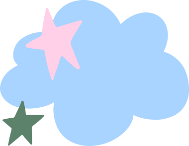 Pastel mavi bulut, şeffaf arkaplanda pembe, bilge yeşil yıldızlarla düz bir şekilde yüzüyor. Rüya, huzur, kaprisli, yumuşak tonlar, ruhani, modern tasarım, dijital sanat