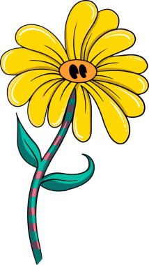 Yaprakları gösteren karikatür çiçekleri, turuncu merkezde gözler, çizgili gövde, yapraklar, şeffaf arka plan. Vektör illüstrasyonu, botanik, kaprisli, canlı, dekorasyon, çocuk tasarımı, şirin