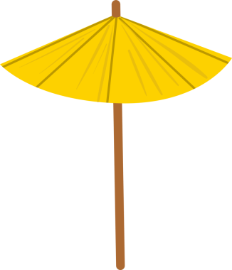 Sarı şemsiye, tahta direğin üzerinde duruyor. Düz dizaynlı, şeffaf bg pirzolaları gösteriyor. Güneşlik, açık hava, minimalizm, yaz, rahatlama, konukseverlik, aksesuar