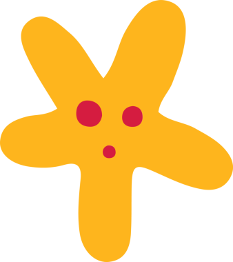 Soyut sarı denizyıldızı, saydam arkaplanda düz bir dizayn içinde yüzüyor, kırmızı noktalar gösteriyor. Vektör, minimalizm, neşeli, canlı, geometrik, dijital sanat, maskot