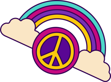 Grafiksel barış amblemi gökkuşağı ve kabarık bulutların üzerinde düz sanat, şeffaf arka plan üzerinde yüzüyor. Umut, ahenk, maneviyat, sükunet, pozitiflik, birlik, sükunet