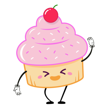 Çizgi film stili kek karakteri şeffaf arka planda poz veriyor, kırmızı kiraz ve şekerlerle. Tuhaf, neşeli, enerjik, tapılası, tatlı, maskot, karakter