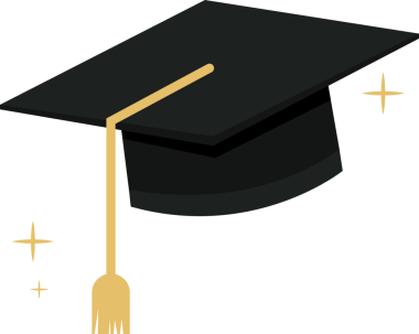 Düz siyah mezuniyet şapkası altın püsküllü, şeffaf arka planda parıldayan bir açıyla yüzüyor. Başlangıç, başarı, kutlama, akademik, başarı, vektör, minimalist