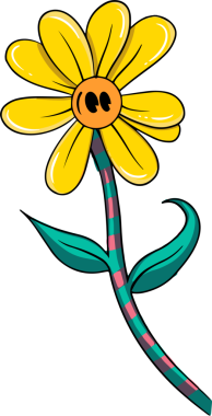 Düz tasarım çiçek, sarı yapraklar ve çizgili gövde ile şeffaf arka planda duruyor. İllüzyon, botanik, oyuncu, canlı, karakter, dekoratif, tasarım