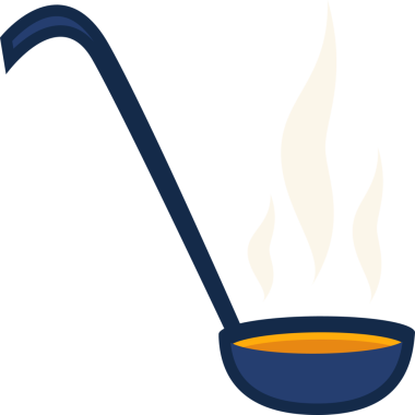 Koyu mavi kepçe portakal suyu buharı içinde ve şeffaf arka planda ince buhar gönderiyor. Mutfak eşyaları, aşçılık, vektör sanatı, yemek sunumu, stilize illüstrasyon, mutfak, sıcak ton.