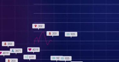 Mavi ızgara açılıyor metrik kabarcıklar başlıyor pembe, mavi çizgiler oluşturuyor, veri temsil eden simgeler ortaya çıkıyor. Veri, analitik, ön panel, görselleştirme, teknoloji, ilerleme, istatistik