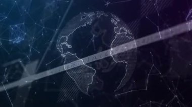 Noktalı kıta ana hatları zayıflıyor, holografik dünya ortaya çıkıyor, dönen harita veri akışı. Gelecek, teknoloji, görselleştirme, dijital, küresel, ağ, soyut
