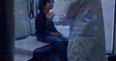 Doktor kliniğe giriyor ve çocuğun çenesini elle yokluyor. Moleküler grafik kodu da teşhisi destekliyor. Tıbbi, değerlendirme, klinik, sağlık, teşhis, profesyonel, bilimsel