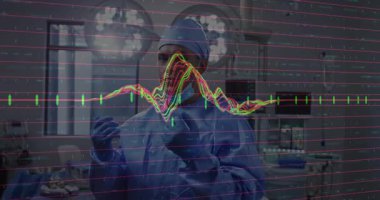 Cerrahın ışıkların altında eldivenli el kaldırması tıbbi dalga formunun hayati belirtileri izlemesine neden oluyor. Tıbbi, sağlık, işletme, klinik, kesinlik, tanı, teknoloji