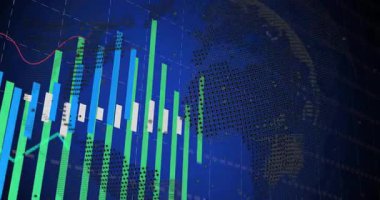 Oynatma başlatıldığında çubuklar yükselir, renkleri değiştirir, dünyayı döndürür ve veriyi görselleştirmek için iz bırakır. Gelecekçi, analitik, teknoloji, veri, görselleştirme, arayüz, dijital