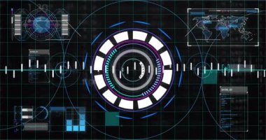 Arayüz çalışıyor, parlayan halkalar dönüyor, veri çubukları kayıyor, izleme için dalga biçimi atıyor. Teknoloji, analitik, veri görselleştirme, fütüristik, dijital, arayüz, siber güvenlik