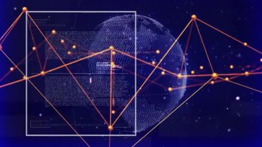 Açılan dünya ve ortaya çıkan kare şeklinde düğümler üçgen şeklinde titreşen kod ağları görselleştiriyor. Teknoloji, siber güvenlik, dijital, ağ, veri, yenilik, bağlantı