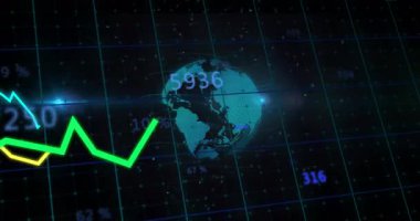 Veri eğilimlerini gösteren üç renkli çizgi şeklinde dönen mavi bir küre ortaya çıkıyor. Teknoloji, analitik, dijital, gelecek, yenilik, bilgi, görselleştirme