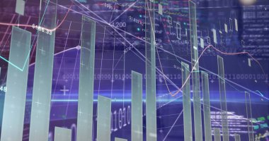 Holografik ızgarada ortaya çıkan 3 boyutlu çizelge sütunları çizgi grafikleri ve sayısal etiketlerle gösteriliyor. Gelecekçi, veri, analitik, holografik, görselleştirme, dijital, pazar