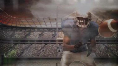 Mavi oyun kurucu, kırmızı defansın sahada mücadele ettiği veriler arasında dönen topu yakalıyor. Sporcu, spor, aksiyon, yarışma, stadyum, takım çalışması, dinamik