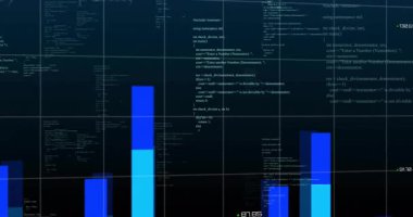Veri gösterge paneli görünen kod üzerinde yükselen çubuklar oluşturarak küresel analitikleri gösteren noktalı bir harita oluşturur. İş zekası, veri analizi, görselleştirme, bilgi grafikleri, teknoloji, dijital arayüz, şirket