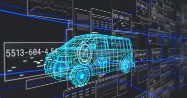 Soldan gelen panel dijital tüneldeki Cyan Wirefram Minibüsü 'nün etrafında veri taraması başlatıyor. Gelecekçi, teknoloji, veri görselleştirme, dijital, neon, 3d, siber
