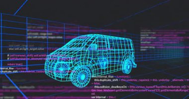Kaynak kodu turkuaz kablo kargo aracında görünüyor, bloklar kayıyor, üstüste binmek için çoğalıyor. Fütürist, dijital, teknoloji, yenilik, sanal, soyutlama, robotik