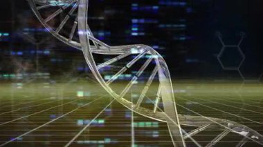 Helix döndürme kodunu başlatan dizi açma güncelleme ve şebeke atımları verileri gösteriyor. Fütürist, teknoloji, biyomoleküler, dijital, soyut, bilim, veri