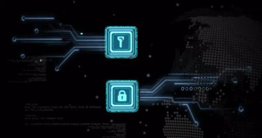 Devre darbeleri sürücü anahtarı ve kilit simgeleri atarken dünya döner ve güvenli bir tokalaşma oluşturur. Gelecekçi, siber güvenlik, teknoloji, dijital, güvenli, ağ, animasyon
