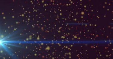 Mavi işaret fişeği sol taraftan çıkarken altın parçacıklar enerji alanını görselleştiriyor. Kozmik, soyut, aydınlık, canlı, sinematik, büyüleyici, fütüristik