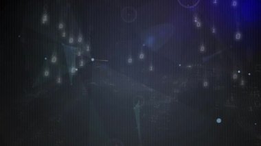 Düşen ikili basamaklar, birbirine bağlanan ve yanıp sönen parlayan düğümler, dijital arayüzü görselleştiriyor. Teknoloji, veri, siber uzay, fütüristik, bilim, ağ, yenilik