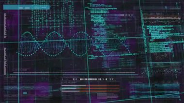 Mor şebeke gök mavisi sarmal titreşimi başlatırken kod veri döngüsünü canlandırıyor. Fütürist, dijital, siber, veri, teknoloji, görselleştirme, soyut