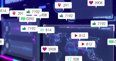 Sayısal sayaç, dünya haritası ve grafikleri olan gösterge paneli üzerinde yüzen bildirim simgeleri gösteriliyor. Fütürist, dijital, analitik, görselleştirme, birbirine bağlı, komut, modern