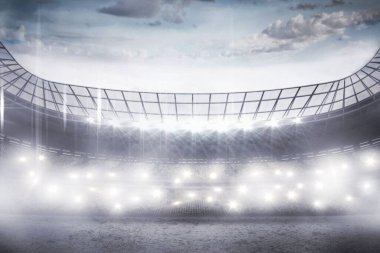 Düz dizayn stadyumun içi projektörlerle parlıyor. Puslu alanlar, kirişler ve bulutlu gökyüzü görünüyor. Mimarlık, aydınlanma, arena, atmosfer, dramatik, modern, spor