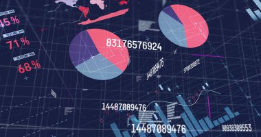 Gösterge panelinde verileri gösteren büyük renkli pasta grafiği, dünya haritası ısıtma haritası, kopyalama alanı. İstatistikler, veri görselleştirme, gösterge paneli, analitik, içgörü, gelecekçi, dijital arayüz