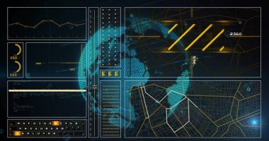 Çizgi grafiği ve ağ haritasıyla kontrol arayüzünde dönen holografik dünya küresi gösteriliyor. Fütüristik, teknoloji, veri, analiz, dijital, sürükleyici, görselleştirme