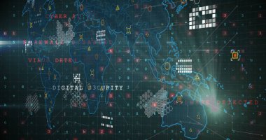 Tehlike bölgelerini sanal güvenlik arayüzünde uyarı simgeleriyle gösteren dünya haritası gösteriliyor. Coğrafi, analitik, geleceksel, dijital, teknoloji, ağ, veri