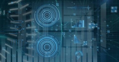 Sistemin üzerinde yüzen veri düğümleriyle birlikte konsantrasyon hedefleri gösteriliyor. Teknoloji, veri, görselleştirme, analitik, arayüz, fütürist, dijital