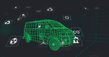 Şeffaf enerji simgeleriyle neon ızgara simülasyonunda süzülen kablo minibüs modeli. Gelecekçi, teknoloji, yenilik, çevre dostu, dijital, otomotiv, sürdürülebilirlik