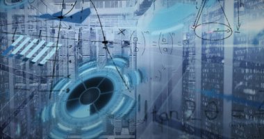 Sunucu odasında raflar, LED 'ler ve veri oklarıyla birlikte holografik dairesel arayüz yansıtılıyor. Fütüristik, teknoloji, dijital, sürükleyici, endüstriyel, yenilik, arayüz