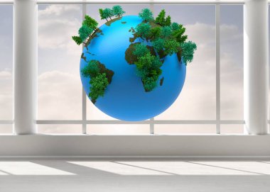 Ağaçlı düz tasarım küre geniş pencere panelleri ile parlak galeri odasında asılı duruyor. Minimalist, ekolojik, çevresel, sürdürülebilir, sükunet, içsel, kavramsal