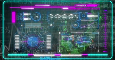 Sanal UI paneli, dünya haritası göstergesi ve dalga formu grafiğiyle konsolda grafikleri gösteriyor. Fütürist, dijital, dolambaçlı, analitik, teknoloji, yenilik, arayüz