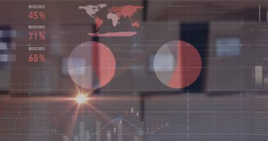 Ofiste yarı şeffaf gösterge paneli, dünya haritası yüzdeleri ve grafiklerini gösteriyor. Analizler, gösterge paneli, veri görselleştirme, finans, teknoloji, şirket, iş zekası