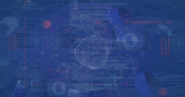 Sanal arayüzde düğümlü kablo küresi gösteriliyor, dairesel çizelgeler ve büyü ızgaraları gösteriliyor. Teknoloji, veri, görselleştirme, dijital, ağ, fütüristik, analiz