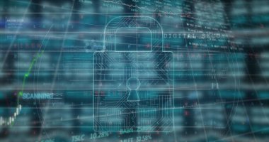 Kod, çizgi grafiği ve durum etiketleri ile gösterge panelinin üzerinde kablo kilidi simgesi gösteriliyor. Siber güvenlik, şifreleme, dijital, teknoloji, koruma, veri, ağ