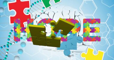 Yapboz parçalarının DNA ve beyin modeliyle birlikte yüzen yapboz parçalarıyla havada asılı durması. Nöroloji, bilişim, yenilik, terapi, akıl sağlığı, biyomedikal, görselleştirme