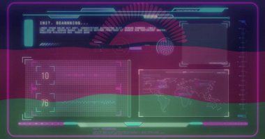 Gösterge panelinde, sayısal verilerde ve ilerleme çubuğunda holografik UI gösteriliyor. Fütürist, teknoloji, arayüz, dijital, neon, sürükleyici, analitik