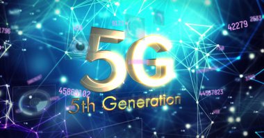 5. Nesil altyazılarının yer aldığı altın 5G dijital ağda düğümler ve veri yüzgeçleriyle gösteriliyor. Teknoloji, yenilik, bağlantı, iletişim, soyut, dijital, fütüristik