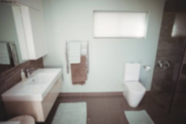 Modern yurt içi tuvaletin yüksek açılı iç mekanı.