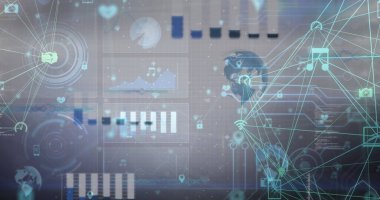 Parlak düğümleri ve simgeleri şebeke zemininde müzik, kamera ve akıllı telefon sembolleriyle birleştirmek. Fütürist, dijital, ağ, görselleştirme, teknoloji, arayüz, analiz