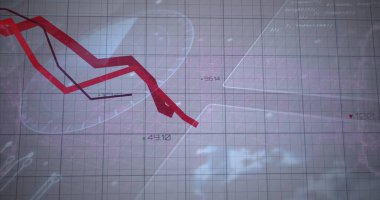 Sayısal torpido gözüne inen, ızgara kaplamalı stilize kırmızı trend çizgisi gösteriliyor. İş zekası, veri analizi, finans teknolojisi, dijital arayüz, performans ölçümleri, istatistiksel görselleştirme, geleceksel tasarım