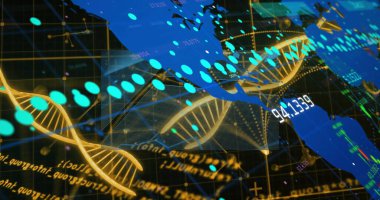 Sanal veri alanında altın DNA sarmal iplikleri gösteriliyor. Cyan izi ve dünya haritası örtüşüyor. Futuristik, biyoteknoloji, veri görselleştirme, dijital, bilimsel, yenilik, teknoloji