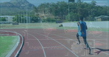 Protez bıçaklar takan hızlı koşucu kırmızı pist etrafında veri örtülü, kopyalama alanı var. Atletizm, yenilik, teknoloji, dayanıklılık, açık hava, rekabetçi, dinamik