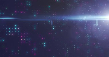 Sağ alana doğru uzanan parlak yatay ışık huzmesi, saçılmış gök mavisi pembe bokeh, kopyalama uzayı. Soyut, dijital sanat, fütürist, canlı, kozmik, dinamik, parlak